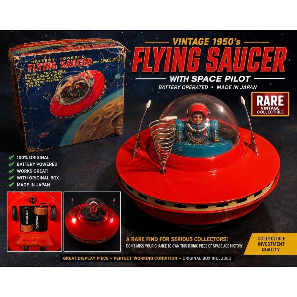 Vintage KO Japan Flying Saucer Space Pilot Battery Op 1950's w Original Box Toy
